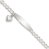 Sterling Silver Polished Curb Link ID Heart Dangle 8.5in Bracelet